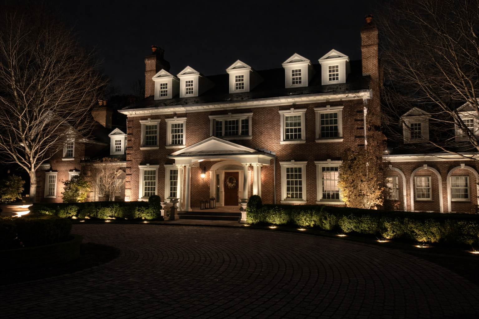 Luxury home with full landscape lighting at night